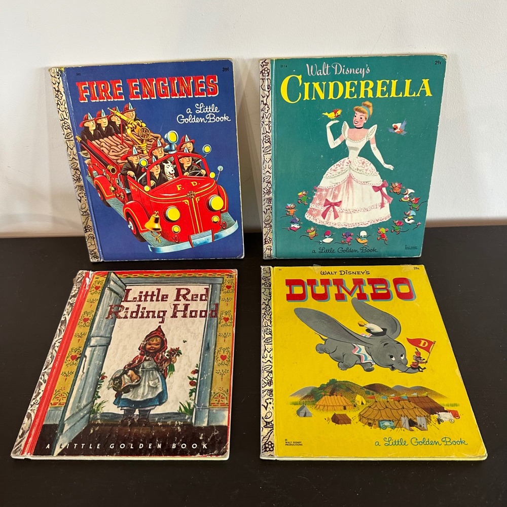 Vintage Little Golden Books Lot of 4 Disney Cinderella Dumbo Fire Engine 1948-60